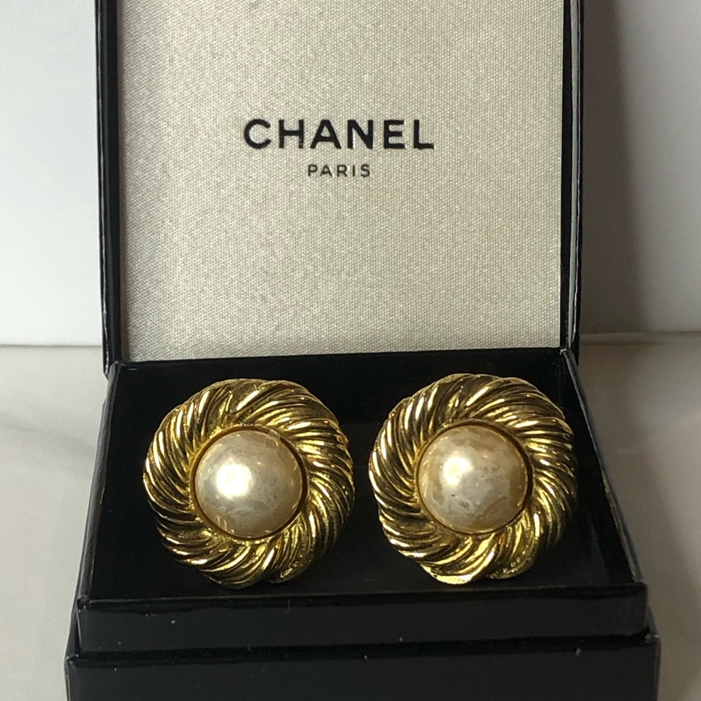 CHANEL 24k Gold Plated and Faux Pearl Earrings w/ BOX